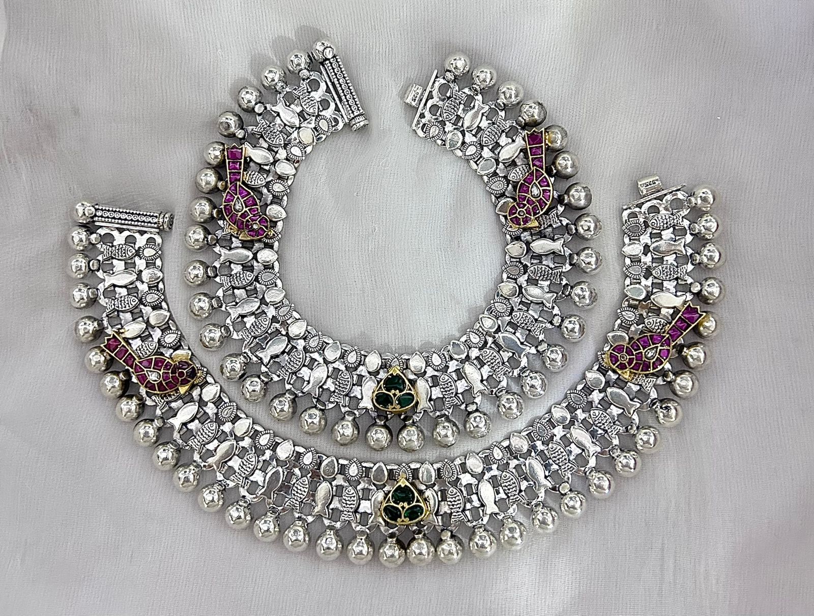 jadau stone silver payal